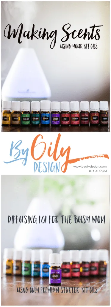 row of Essential oil bottles from the young living premium starter kit with a diffuser running in the background.