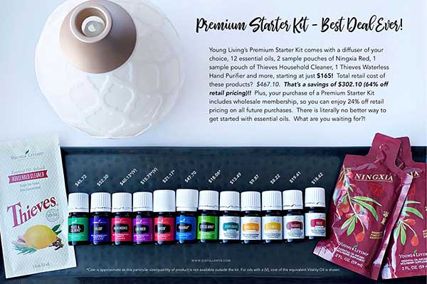 Showing a Description of the Young Living Premium starter kit with 12 oils and a diffuser.