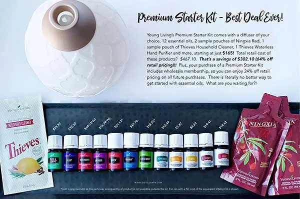 Showing a Description of the Young Living Premium starter kit with 12 oils and a diffuser. 