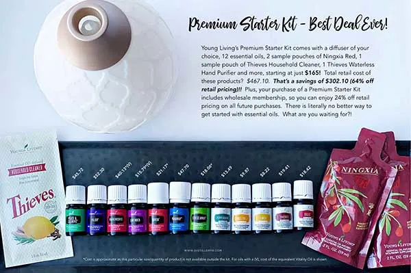 Showing a Description of the Young Living Premium starter kit with 12 oils and a diffuser.