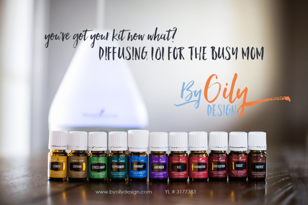 Row of Essential Oils from the premium Starter kit from Young Living with a dewdrop diffuser in the background. text overly Diffusing 101 