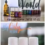Essential Oils, Lemon, LAvender and Frankincense on a wood table with dewdrop diffuser and glass dropper bottle and other premium starter kit oils