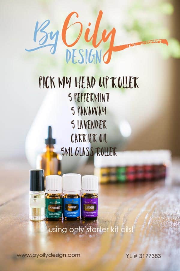 Peppermint, Panaway and lavender essential oil bottles stand next to a clear glass roller bottle. In the background a row of premium starter kit oils, dropper bottle and diffuser.