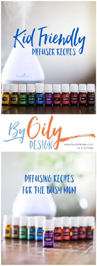 2 images of essential oil bottles in a row with a diffuser.