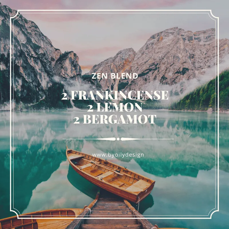 frankincense diffuser blend recipe in text over blue lake, mountains and canoe