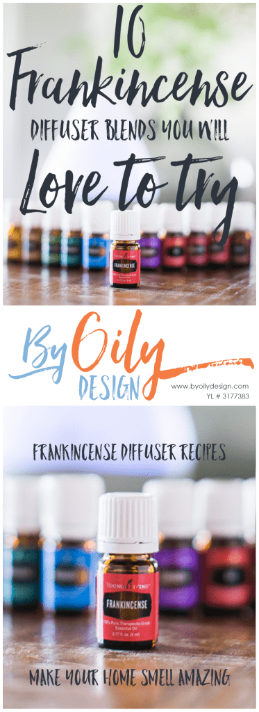 Frankincense bottle in front of premium starter kit oils and diffuser
