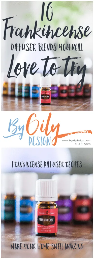 Frankincense bottle in front of premium starter kit oils and diffuser