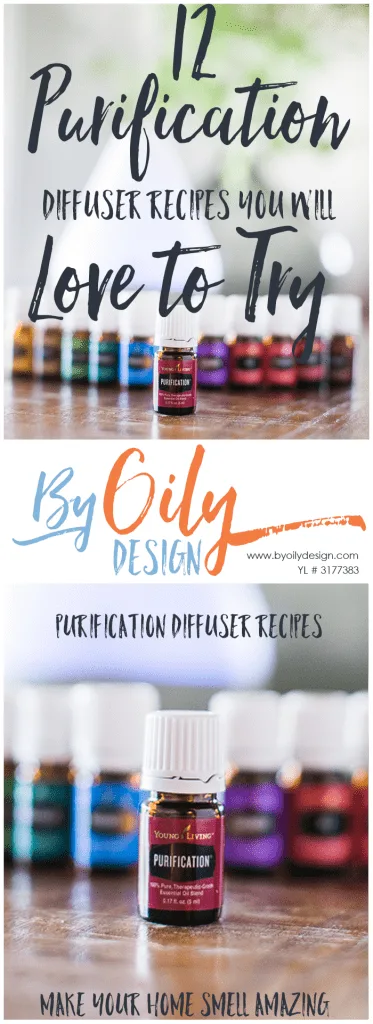 2 images of a Bottle of purification in front of a row of premium starter kit oils and diffuser.