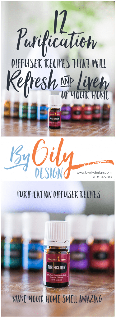 2 images of a Bottle of purification in front of a row of premium starter kit oils and diffuser.