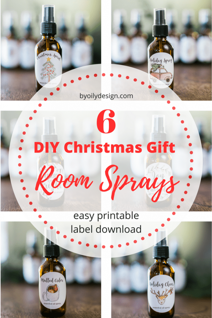 6 images of essential oil room spray bottles with various christmas labels.
