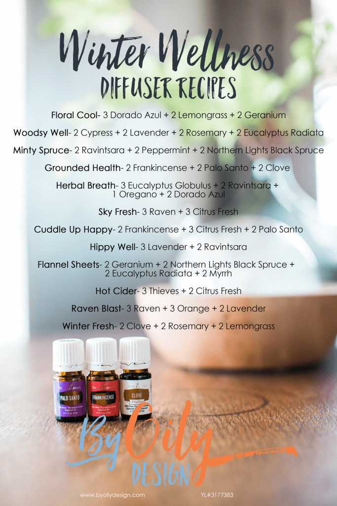 3 bottles of essential oils on a wood table with diffuser and plant in background.