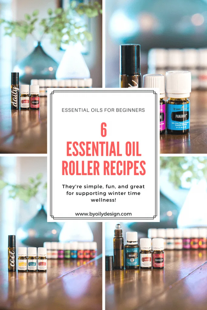 4 image collage with essential oil bottles and rollers. text overlay in red, 6 Essential Oil roller bottle recipes
