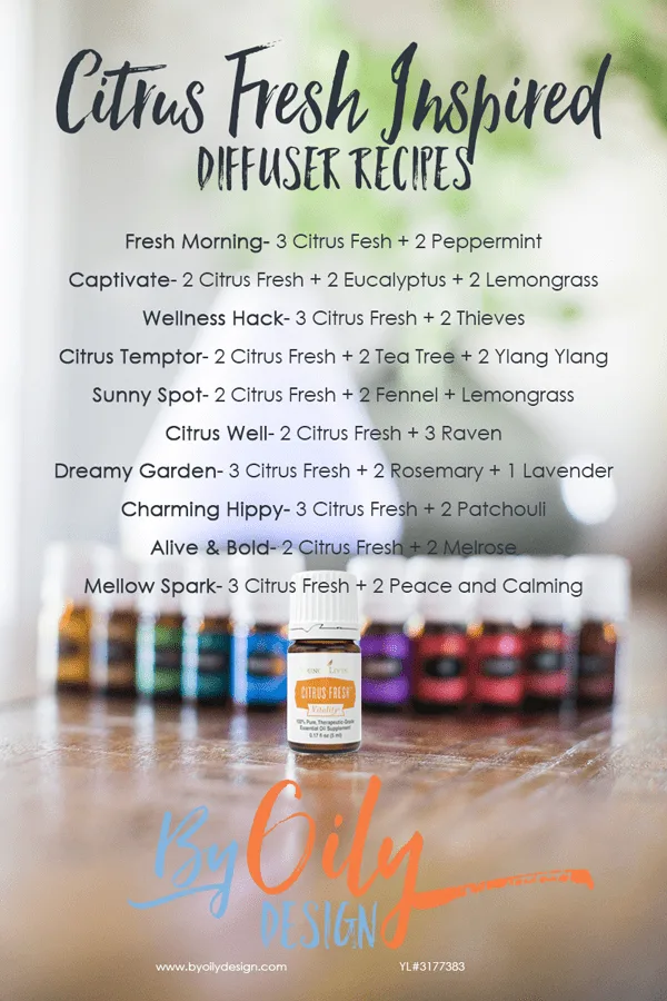 Bottle of Citrus Fresh Essential oil with other premium starter kit oils and a diffuser.