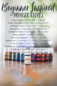 diffusing essential oils recipes with diffuser and essential oil bottles on a wood table