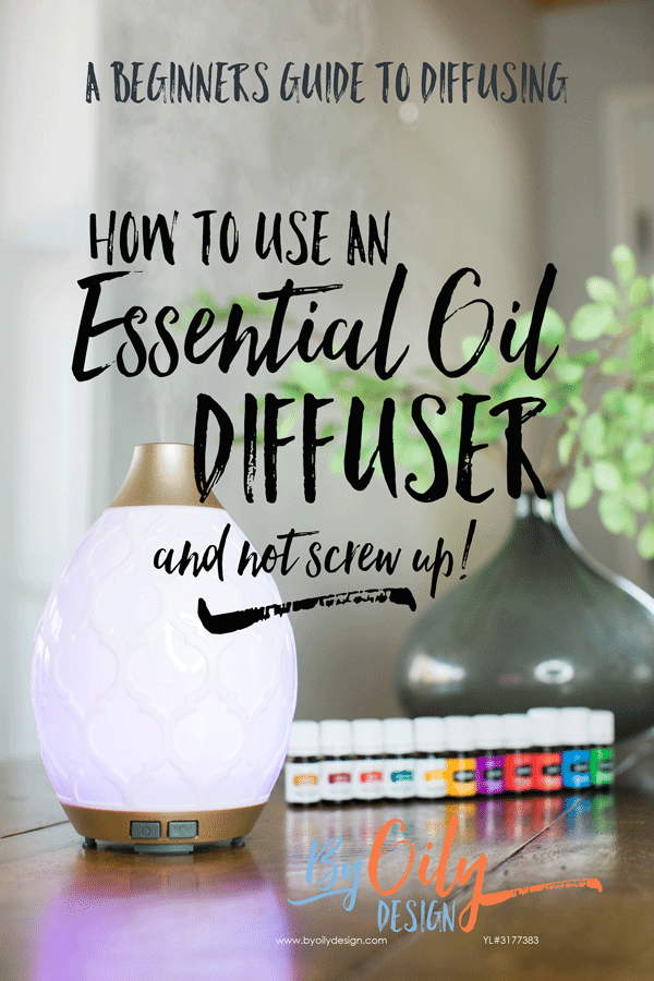 diffusing essential oils recipes with diffuser and essential oil bottles on a wood table