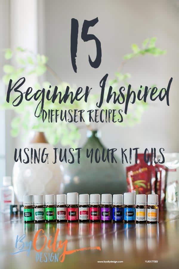 Young Livings premium starter kit diffusing essential oils recipes with diffuser and essential oil bottles on a wood table