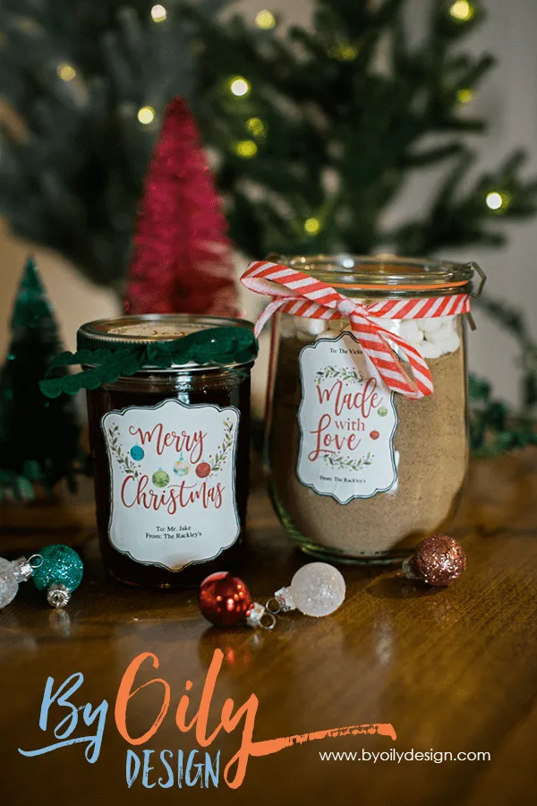 Glass jars with DIY Christmas gifts inside.