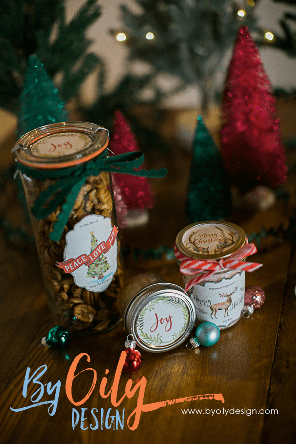 essential oil Christmas Gifts with free printable Christmas labels on a wooden table with simple Christmas Decor
