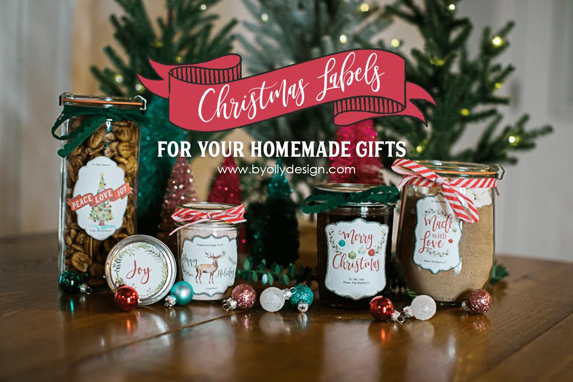 essential oil Christmas Gifts with free printable Christmas labels on a wooden table with simple Christmas Decor