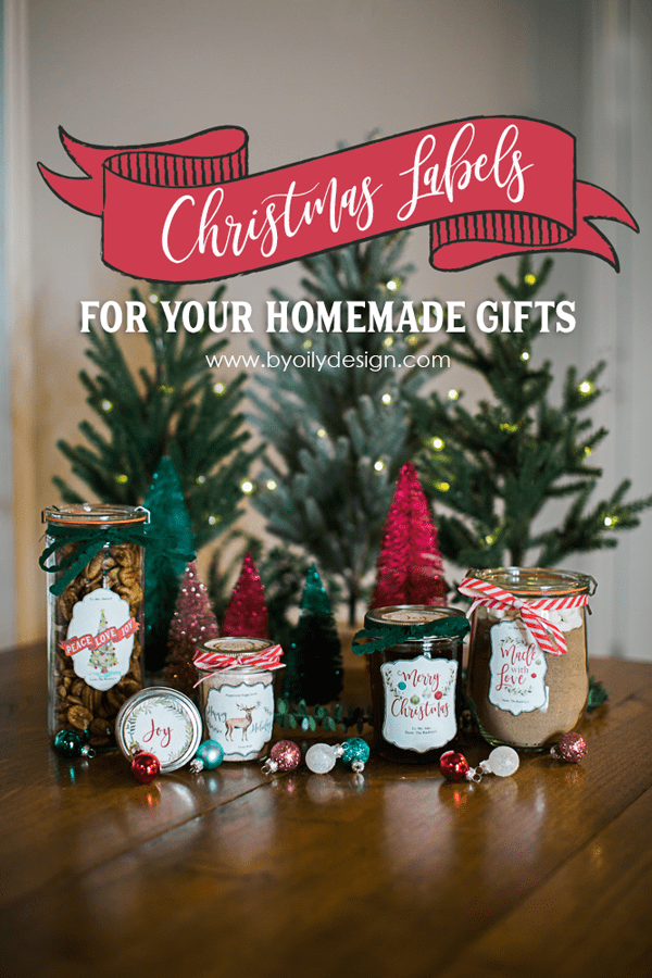 essential oil Christmas Gifts with free printable Christmas labels on a wooden table with simple Christmas Decor