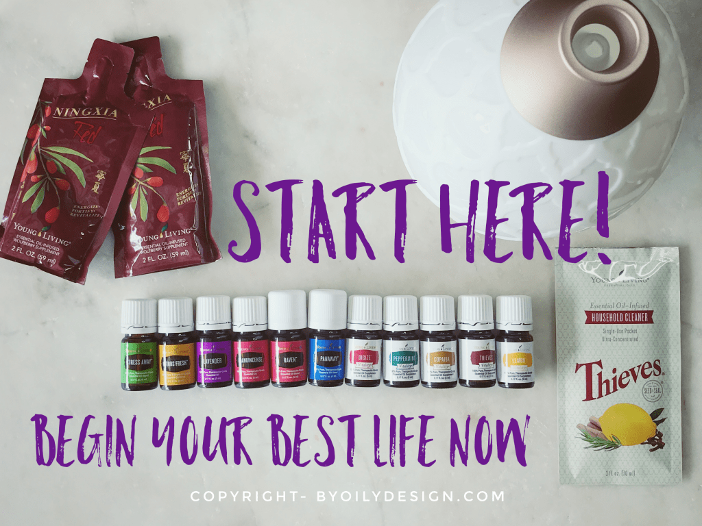 Image of the premium starter kit from Young Living with the text overlay Start Here, Begin your best life now