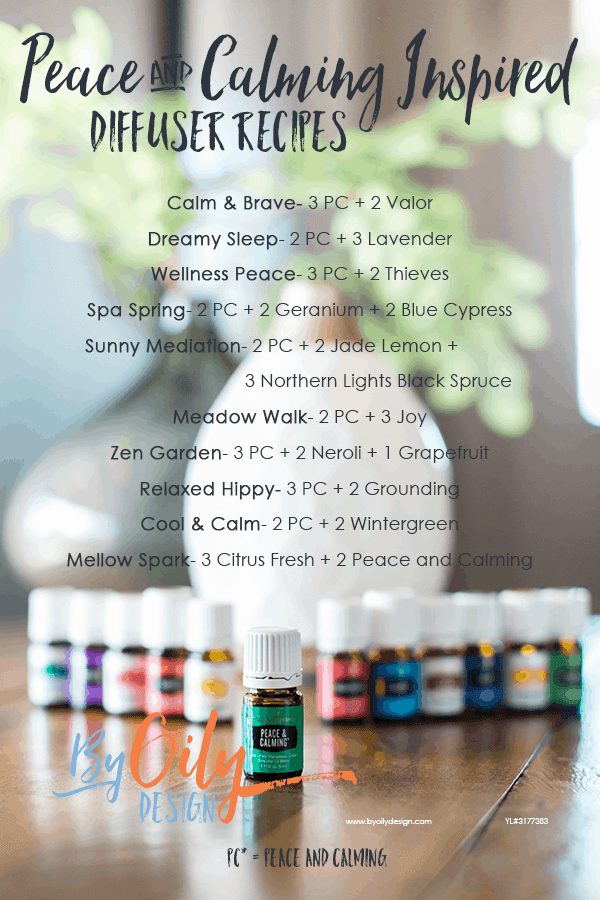 bottle of peace and calming essential oil with 11 other young living essential oils and a desert mist diffuser behind the oils. All are on a wooden table by a window with a plant. text over lay is a list of diffuser recipes using peace and calming