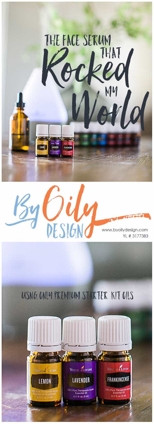 Essential Oils, Lemon, LAvender and Frankincense on a wood table with dewdrop diffuser and glass dropper bottle and other premium starter kit oils