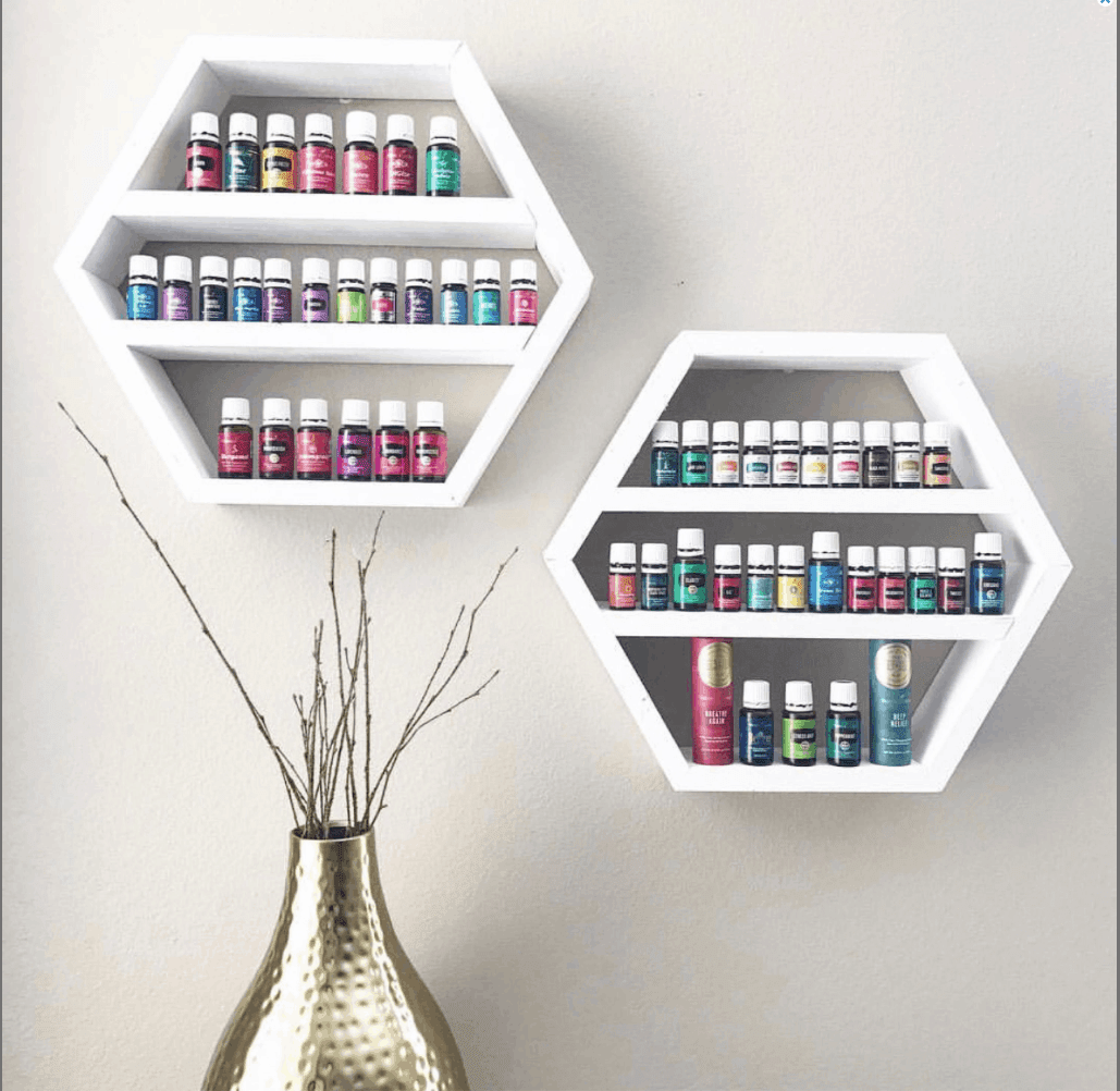 White hexagon essential oil shelf to hold 5ml, 10ml and 15ml bottles