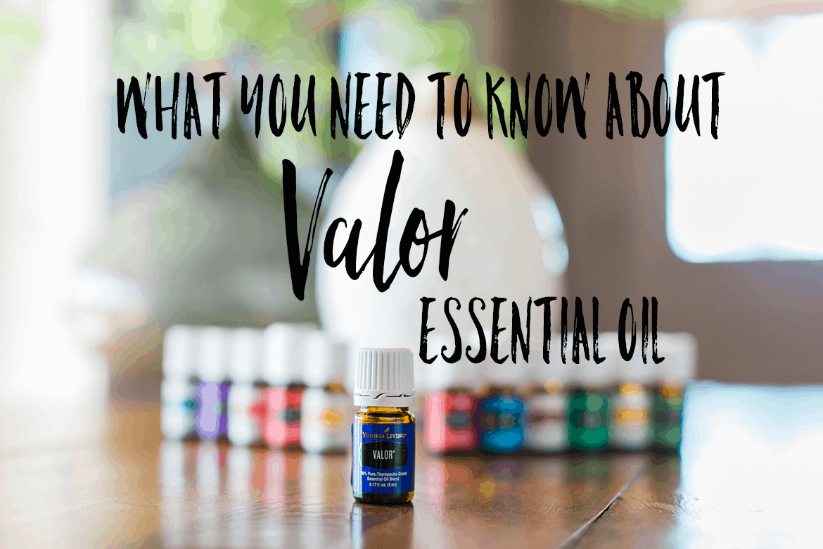 bottle of Valor essential oil with 11 other young living essential oils and a desert mist diffuser behind the oils. All are are apart of the premium starter kit and are on a wooden table by a window with a plant. text over lay is a list of diffuser recipes using Valor essential oil