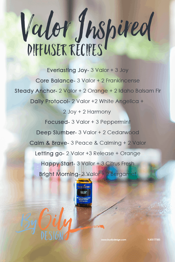 bottle of Valor essential oil with 11 other young living essential oils and a desert mist diffuser behind the oils. All are are apart of the premium starter kit and are on a wooden table by a window with a plant. text over lay is a list of diffuser recipes using Valor essential oil