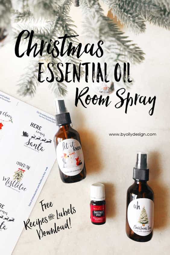 Essential oil spray bottles with Christmas themed bottle labels. 