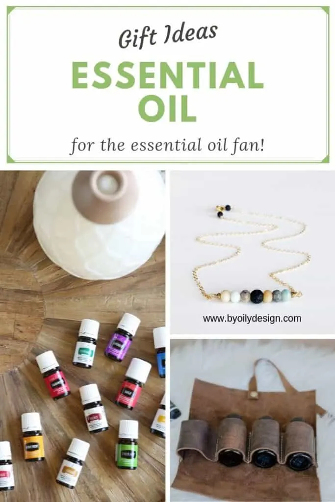 image of gift ideas for essential oil fans. diffuser necklace, leather essential oil pouch and essential oil diffuser with oils