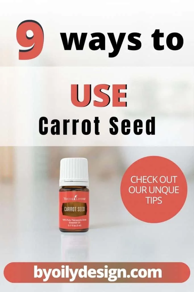image of a bottle of carrot seed oil with a carrot and carrot seeds.