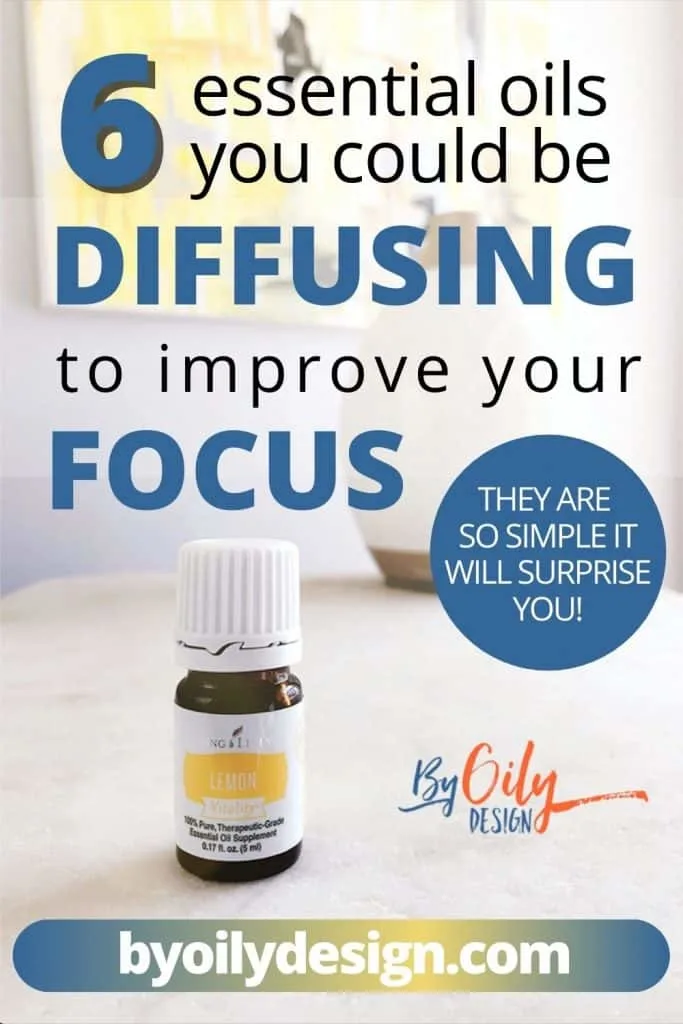 bottle of lemon essential oil with the text of diffusing essential oils for focus