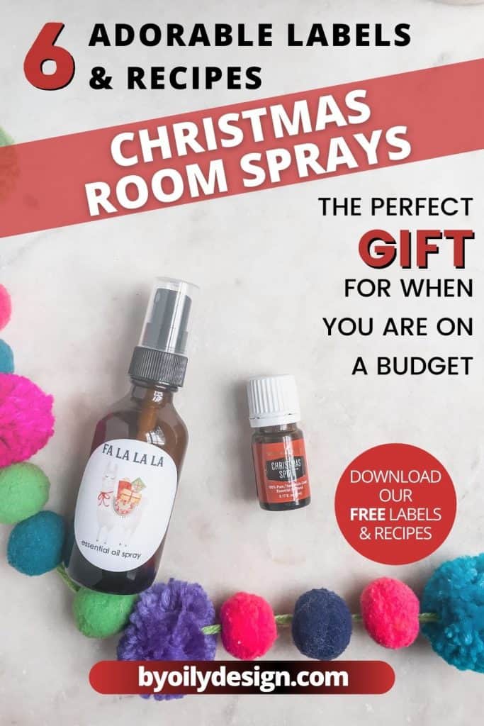Images shows a essential oil room spray bottle with a llama Christmas label and a bottle of Young Living essential oil Christmas Spirit