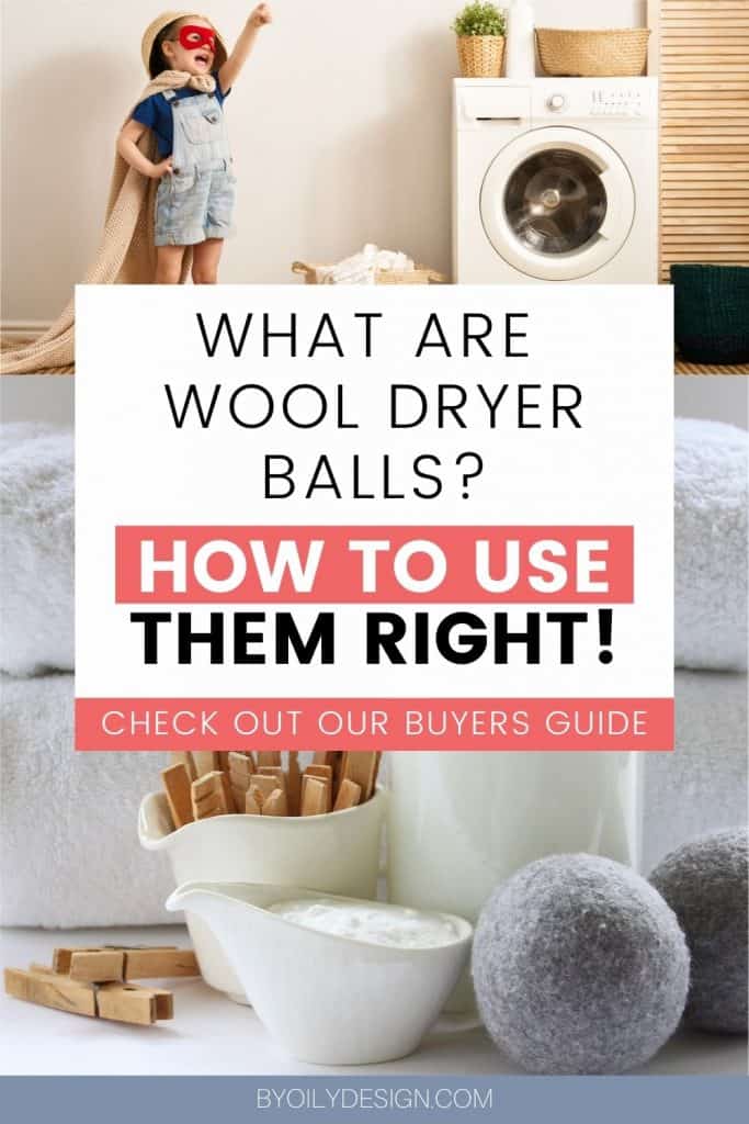 images shows wool balls for dryer with a little boy dressed as a super hero next to a dryer and folded laundry