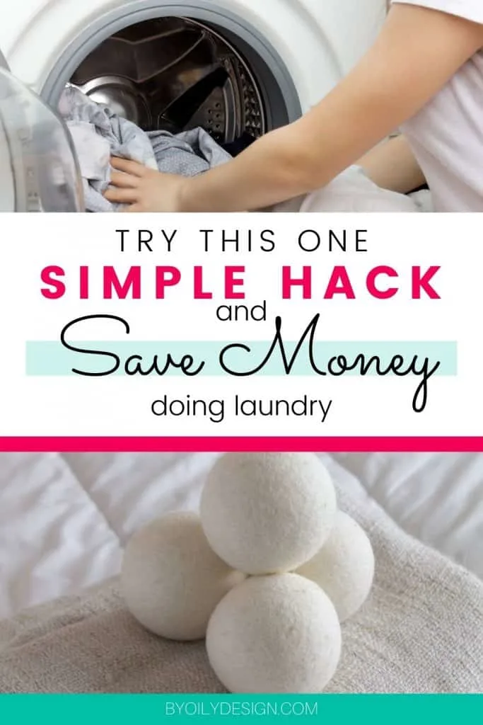 image of dryer balls and woman removing laundry that has been scented using essential oil for laundry and dryer balls. 
