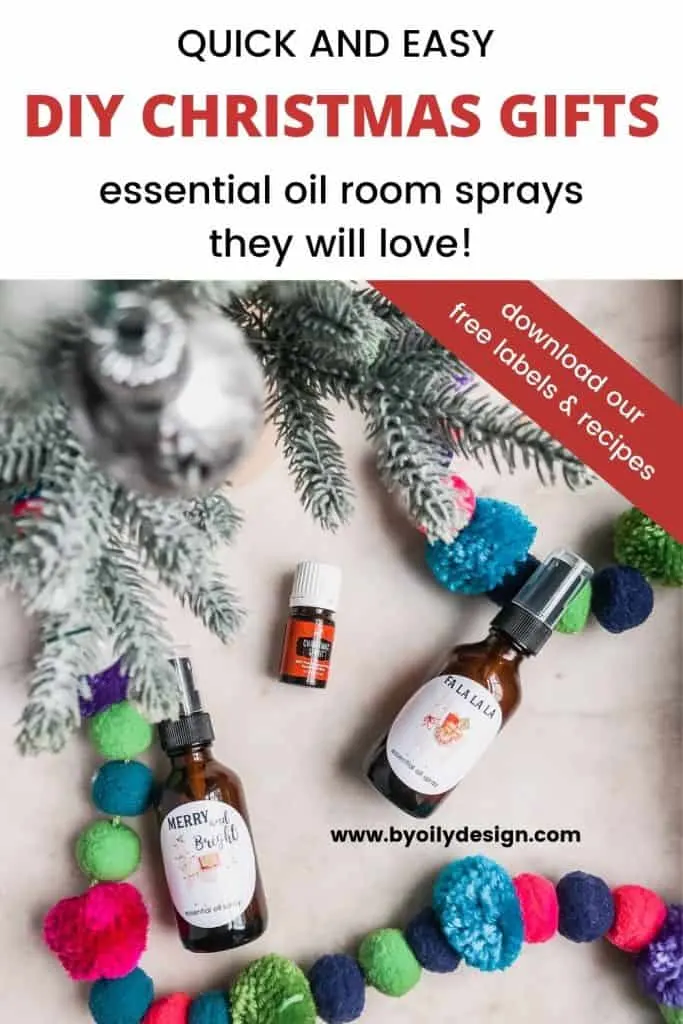 Images shows a essential oil room spray bottle with a llama Christmas label and a bottle of Young Living essential oil Christmas Spirit