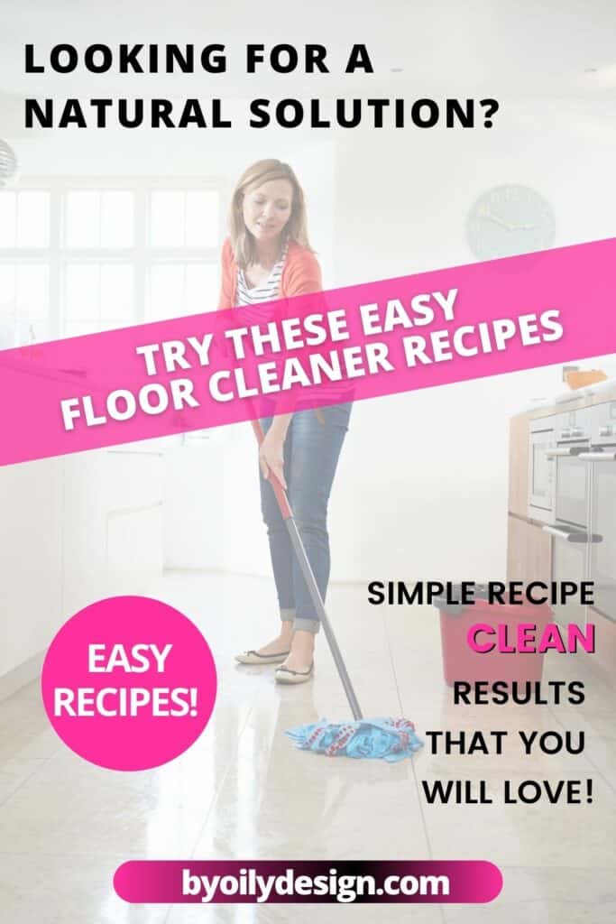 Woman mopping tile floor with a homemade tile floor cleaner.