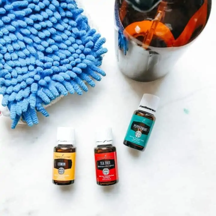 lemon, Tea Tree and peppermint oils laying on a white surface next to a mop head and glass bottle showing tools needed for making natural floor cleaner