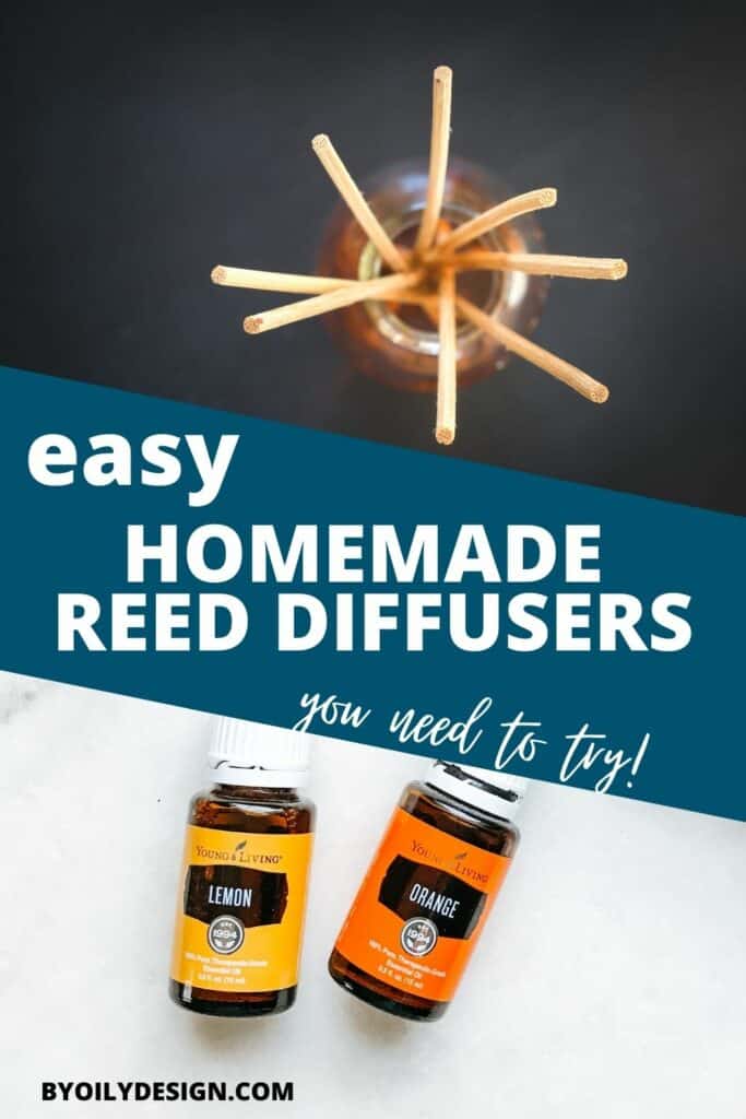 top image is looking down on to a DIY reed diffuser and the bottom images shows two essential oils that can be used to make homemade reed diffusers.