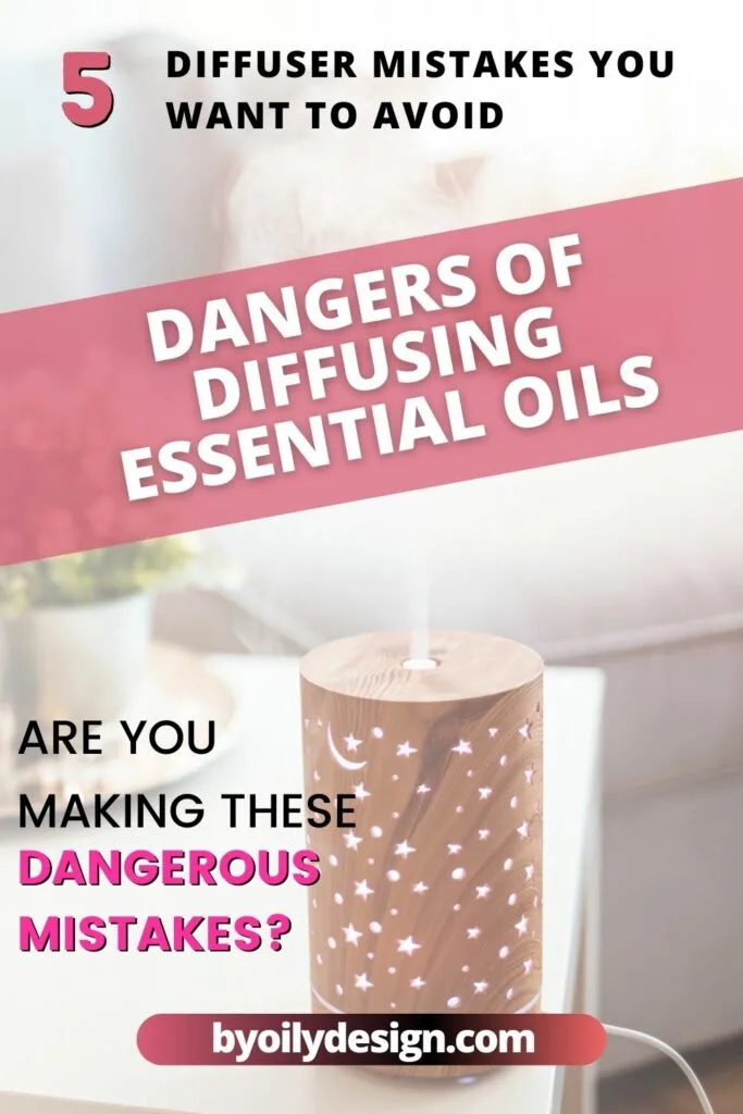 wooden essential oil diffuser on a white coffee table diffusing essential oils into the air. text overlay "5 diffuser mistakes you want to avoid. Are you making these dangerous mistakes?"