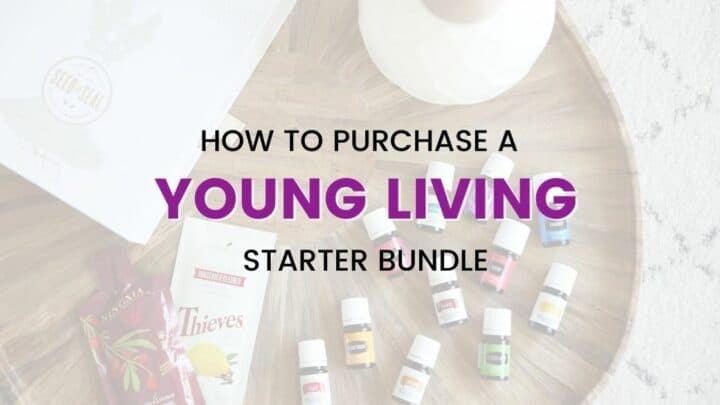 Over head shot of a Young Living starter Bundle with the essential oils, diffuser, starter box and sample packs laid out on a wood tray.