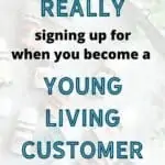 Essential oils laying on their sides blurred out on the back ground. Foreground text says "What are you Really signing up for when you become a Young Living Customer?"