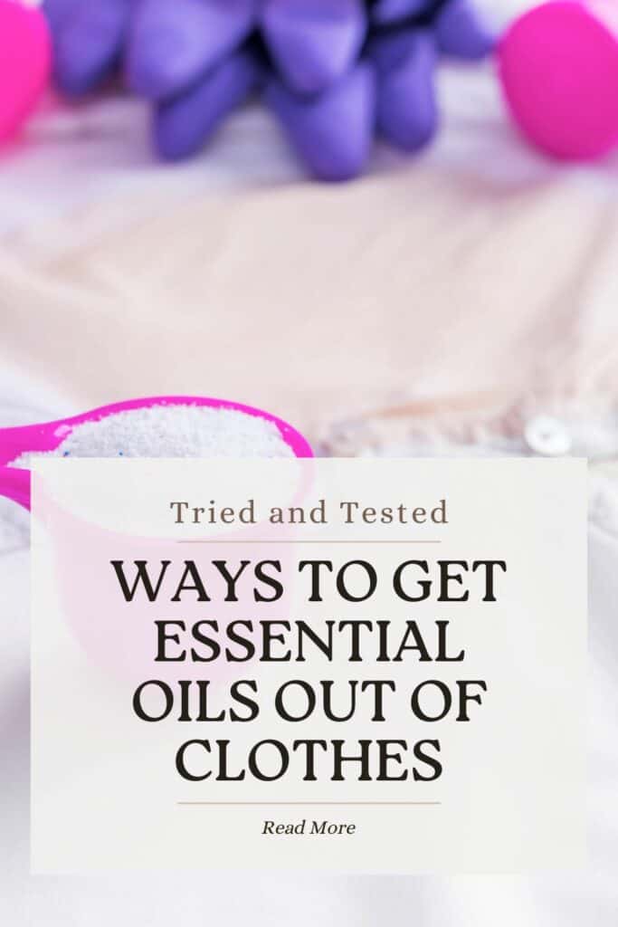Tips for removing stubborn essential oil stains from clothes. image showing essential oil stain and washing powder in a pink measuring cup.